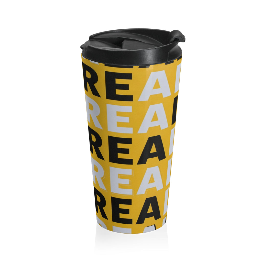 Centro/Alvo Bold Repeat Stainless Steel Travel Mug — Yellow Typographic Tumbler
