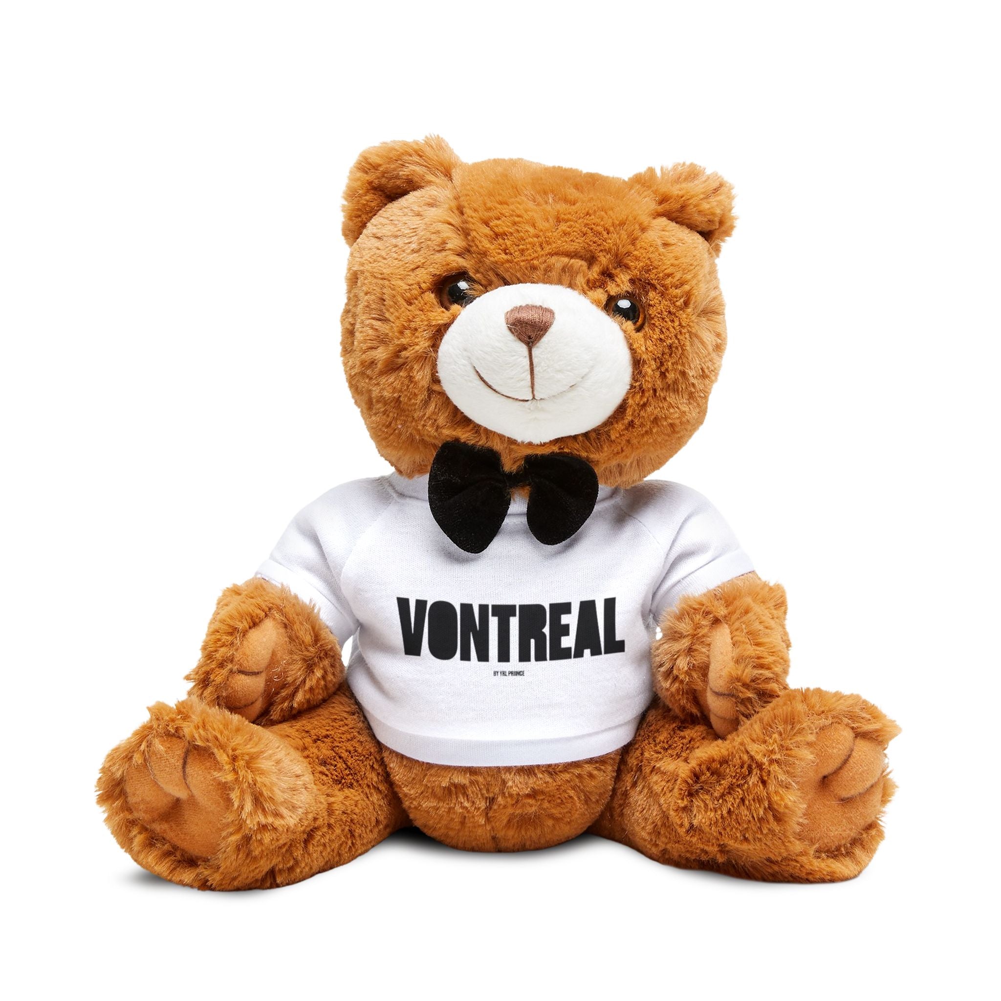 Vontreal Teddy Bear Plush — Brown Bear with White Logo T‑Shirt & Bow