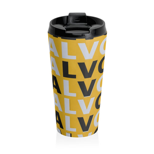 Centro/Alvo Bold Repeat Stainless Steel Travel Mug — Yellow Typographic Tumbler