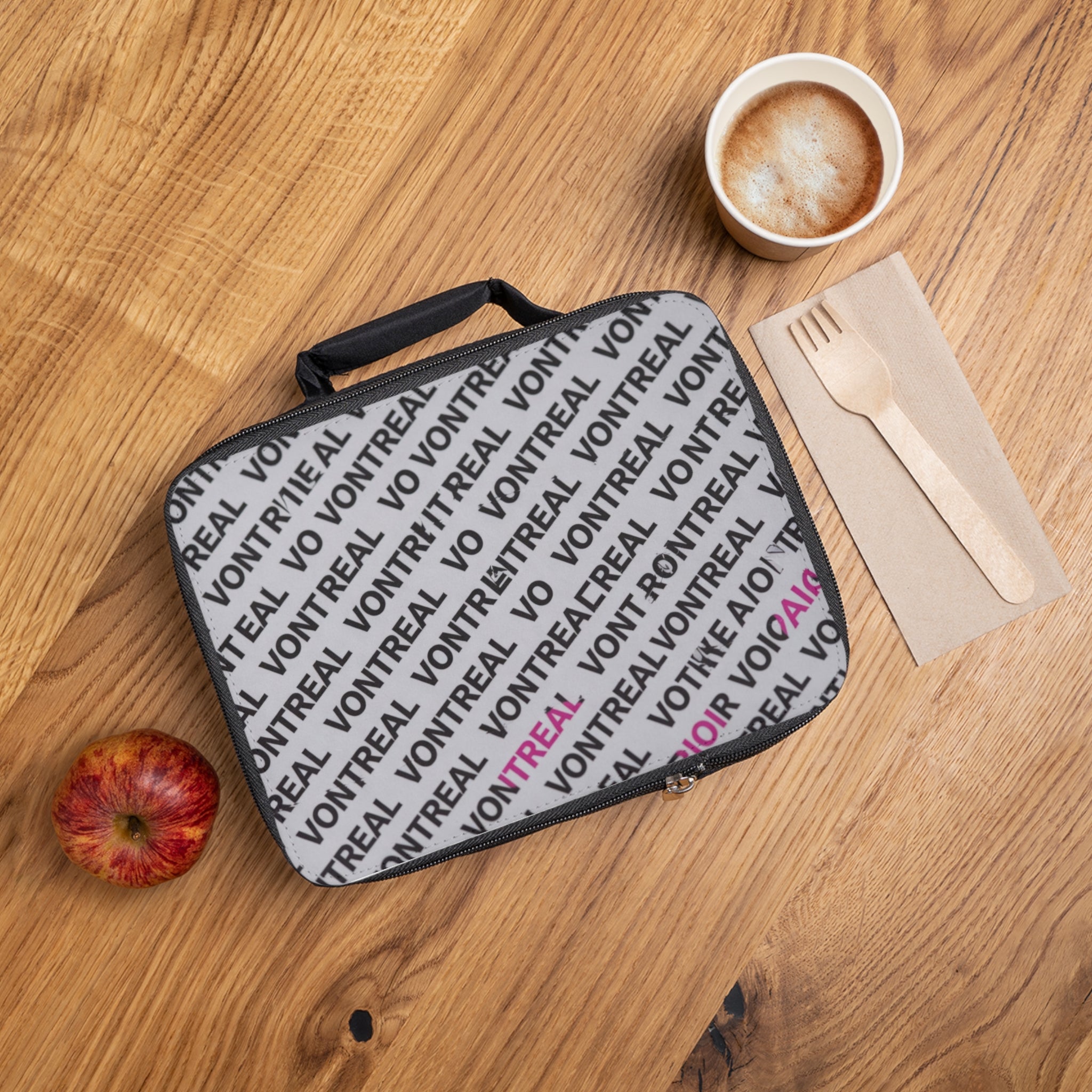 Lunch Bag — Repeating 'VONTREAL' Modern Logo Pattern (Gray & Pink)