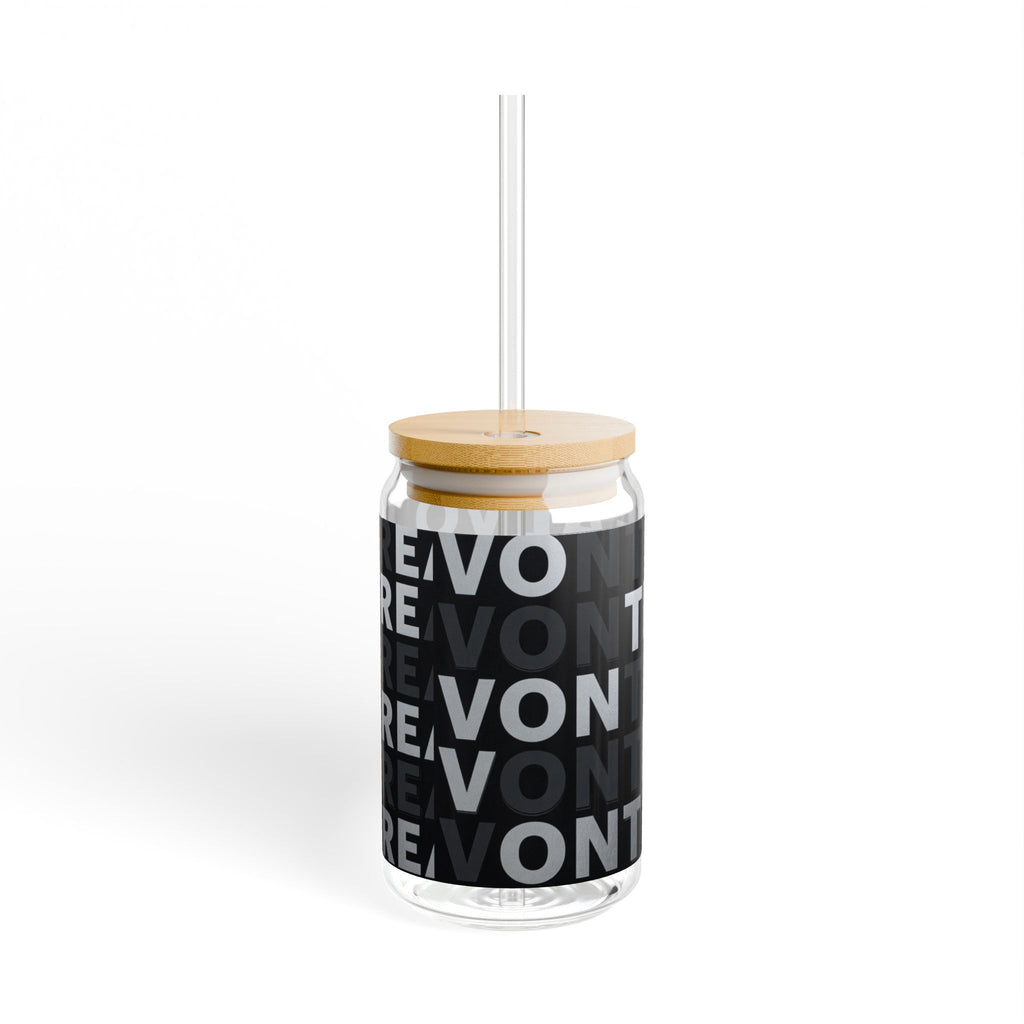 16oz Travel Sipper Glass with Repeating "VONTRE" Black Typography Pattern