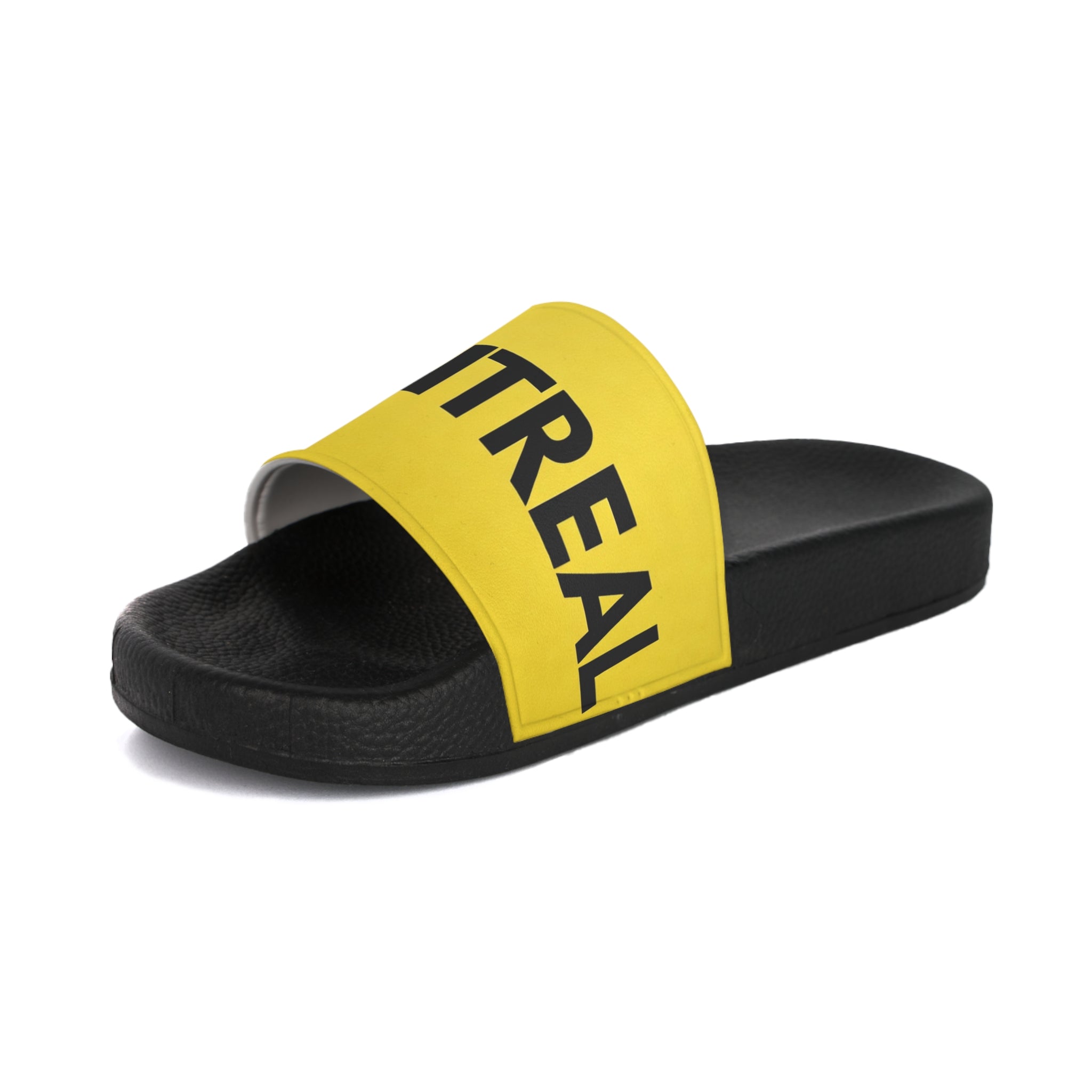 Slide Sandals — Bold Yellow "VONTREAL" Strap Casual Pool & Beach Slides