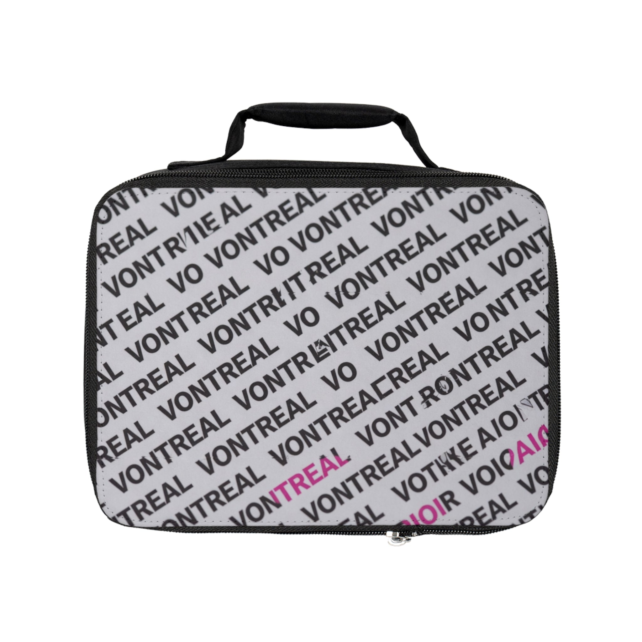Lunch Bag — Repeating 'VONTREAL' Modern Logo Pattern (Gray & Pink)