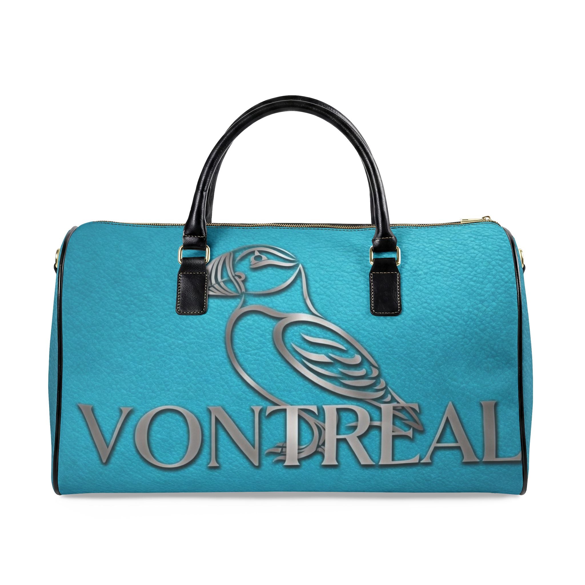 VonTreal Leather Travel Bag — Turquoise Weekender Duffle with Embossed Bird Logo