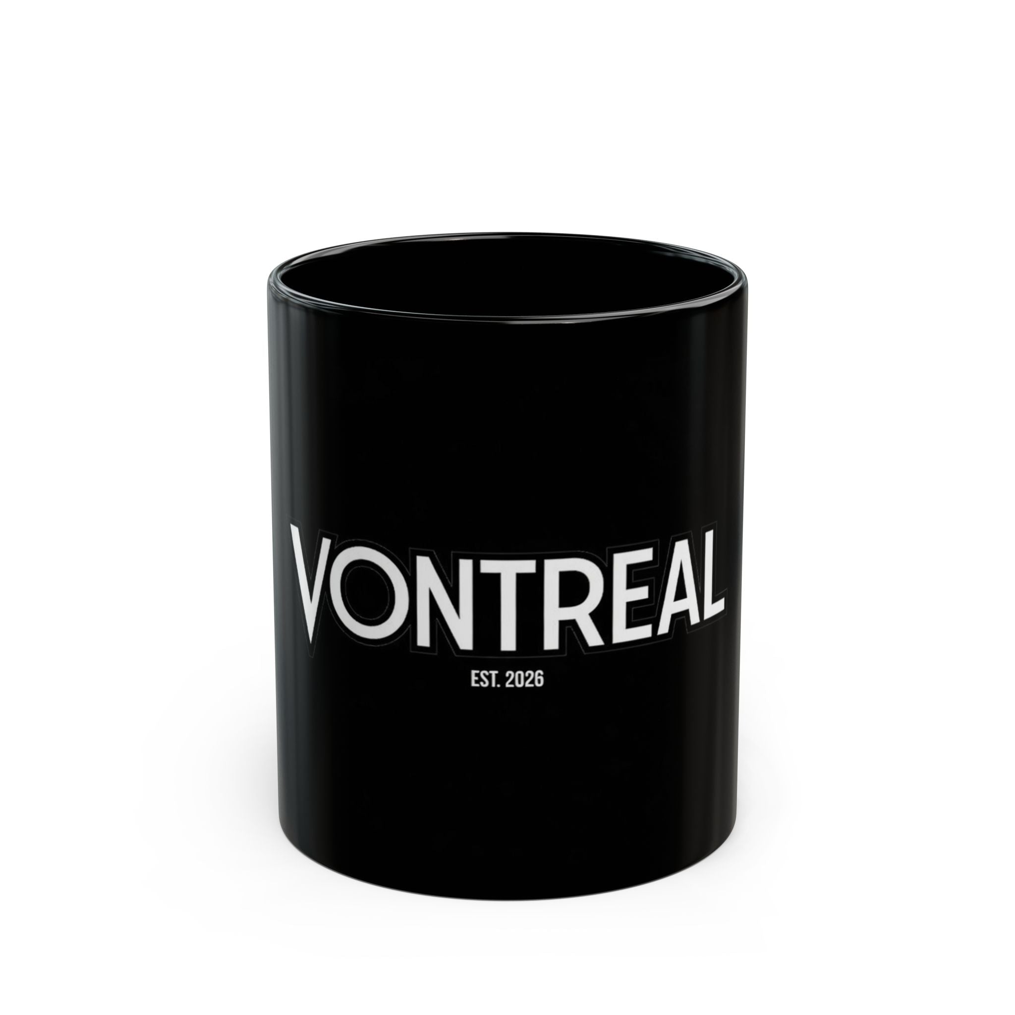 Vontreal Black Ceramic Mug — Minimal White Logo (Est. 2026)