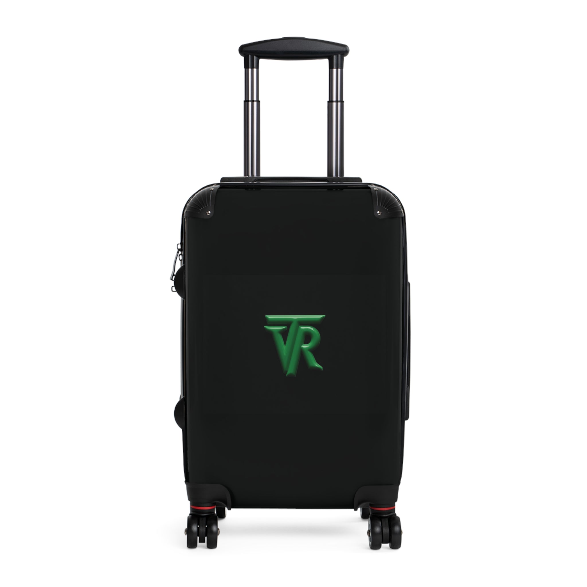 Monogrammed Travel Suitcase – Black Hardshell Carry-On with Green VR Logo