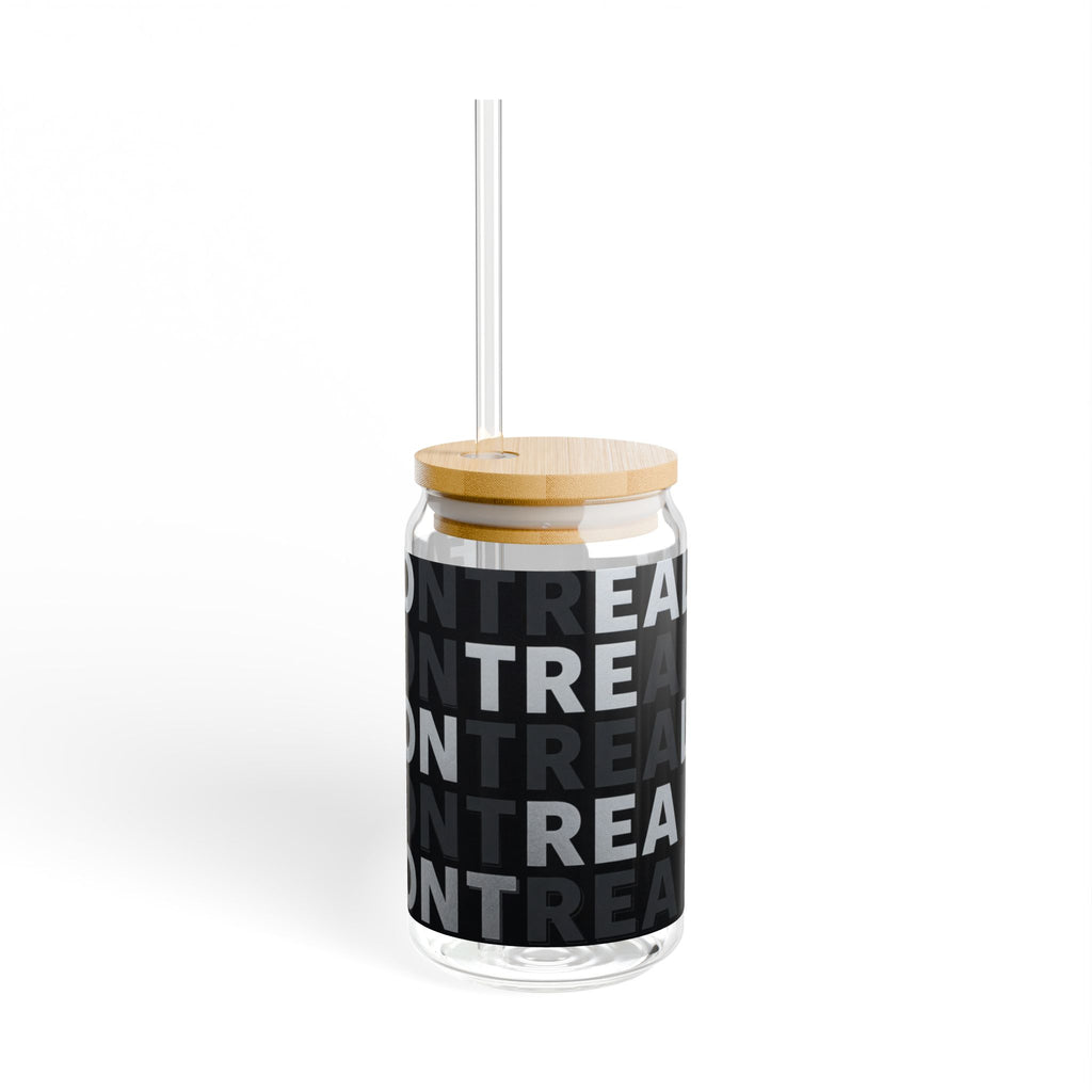 16oz Travel Sipper Glass with Repeating "VONTRE" Black Typography Pattern