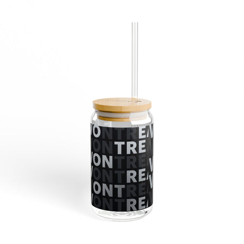 16oz Travel Sipper Glass with Repeating "VONTRE" Black Typography Pattern