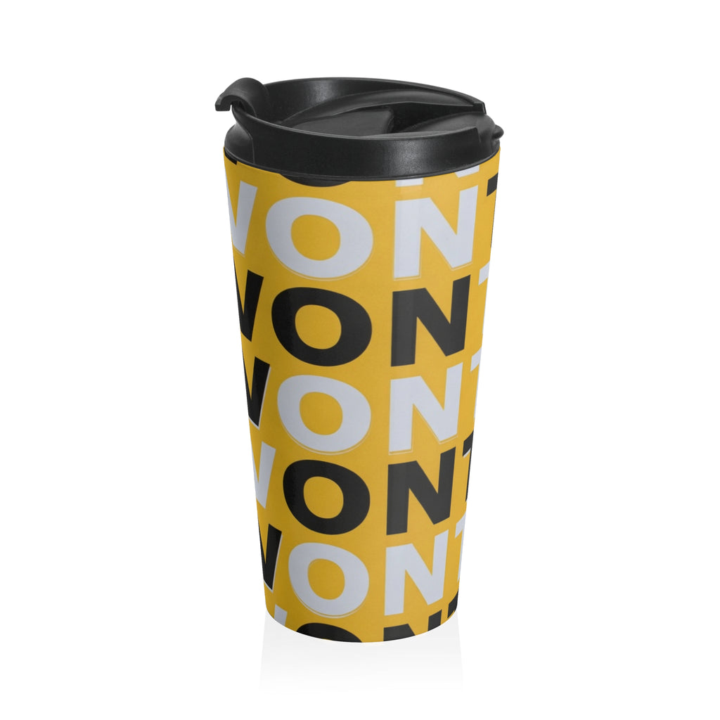 Centro/Alvo Bold Repeat Stainless Steel Travel Mug — Yellow Typographic Tumbler