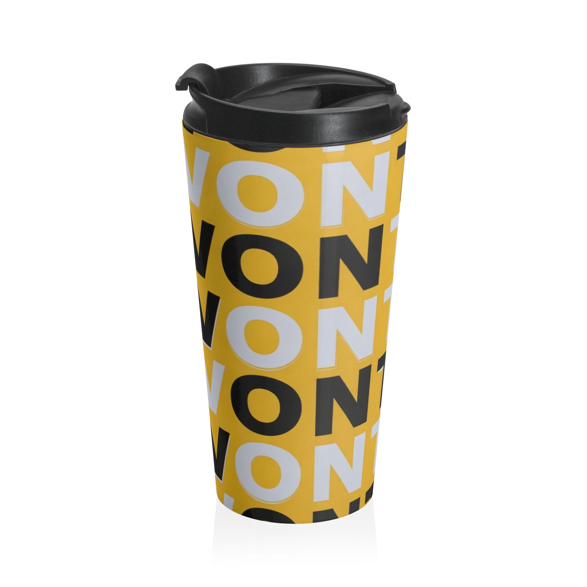 Centro/Alvo Bold Repeat Stainless Steel Travel Mug — Yellow Typographic Tumbler