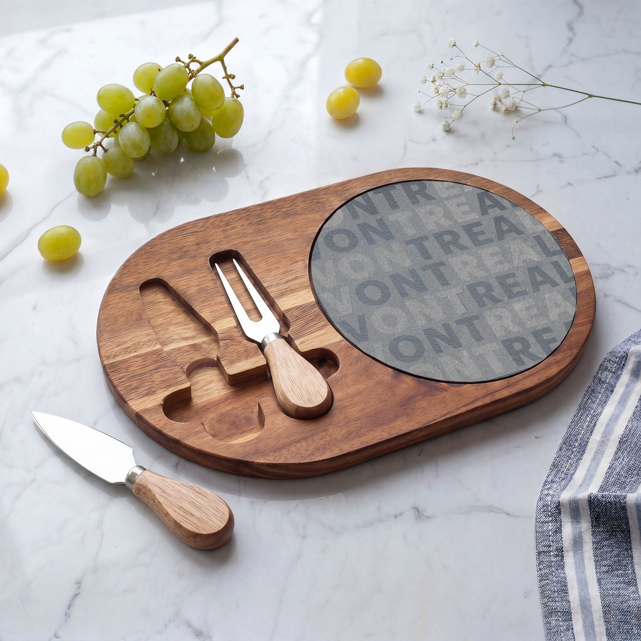 Engraved Acacia Charcuterie Board with Slate Inlay & Cheese Tools