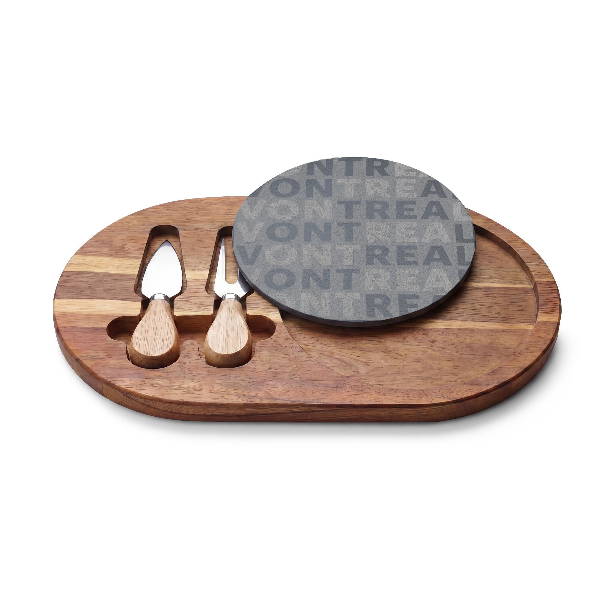Engraved Acacia Charcuterie Board with Slate Inlay & Cheese Tools