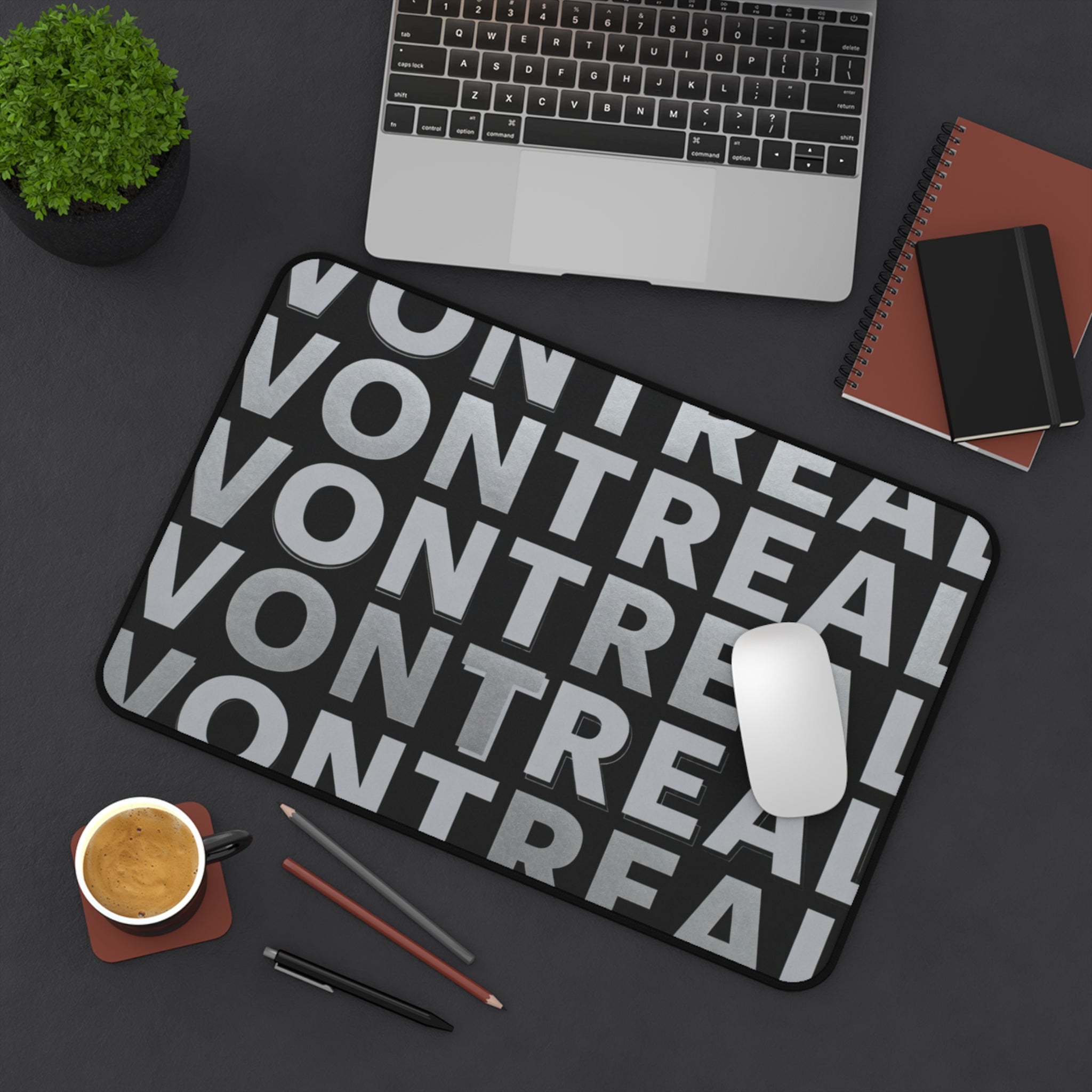 Montreal Repeating Text Desk Mat — Black Typographic Office Mouse Pad