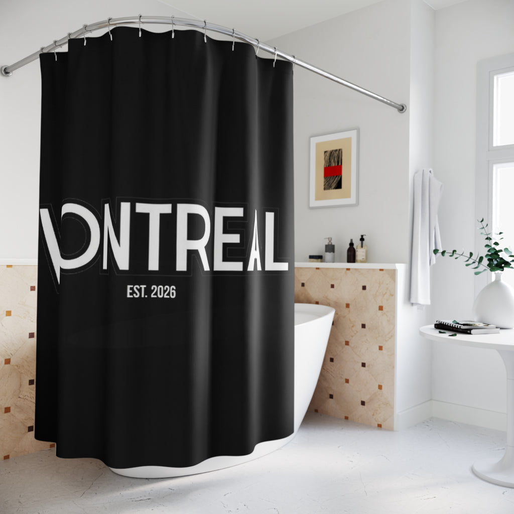 VONTREAL Bold Text Shower Curtain — Black Minimalist Bathroom Decor