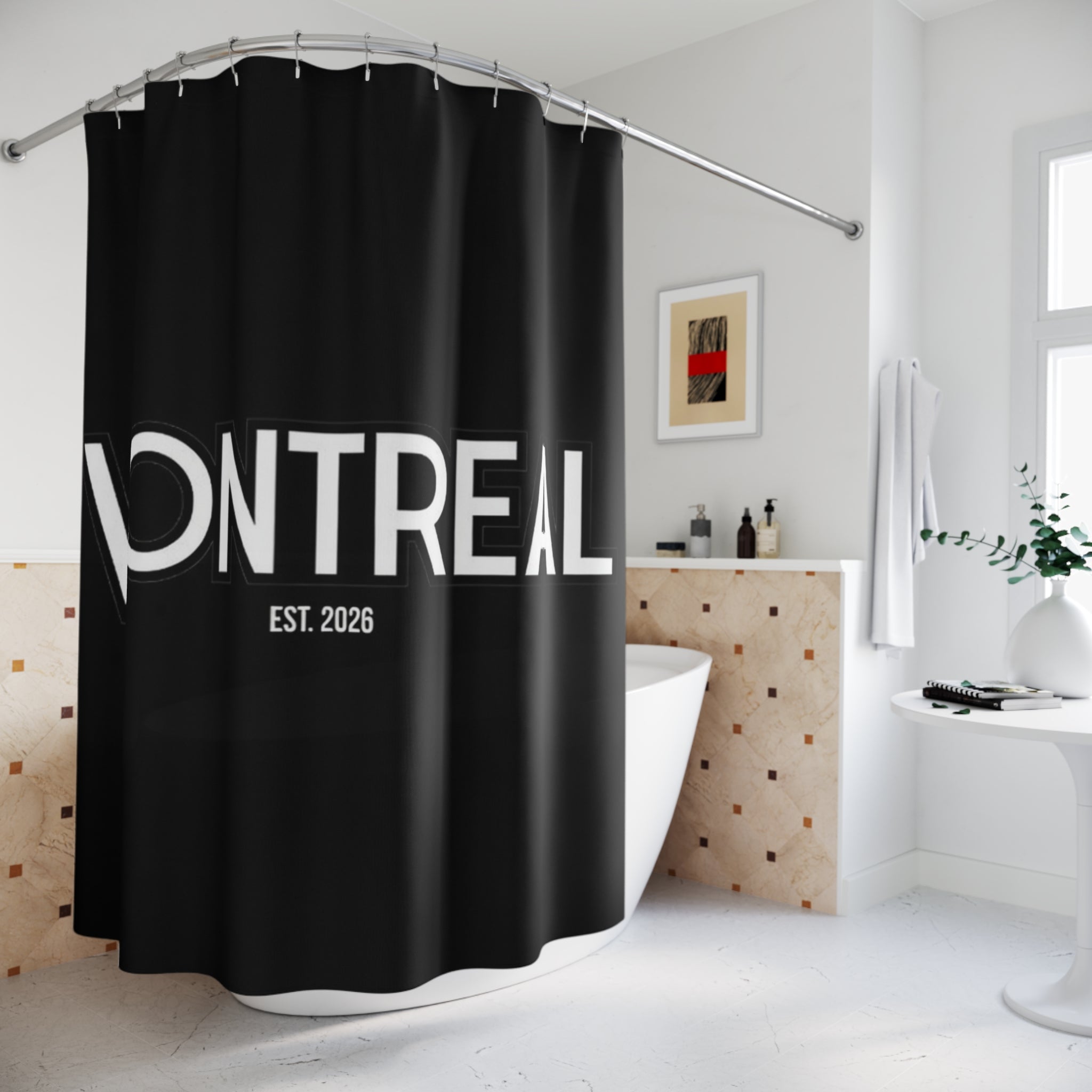 VONTREAL Bold Text Shower Curtain — Black Minimalist Bathroom Decor