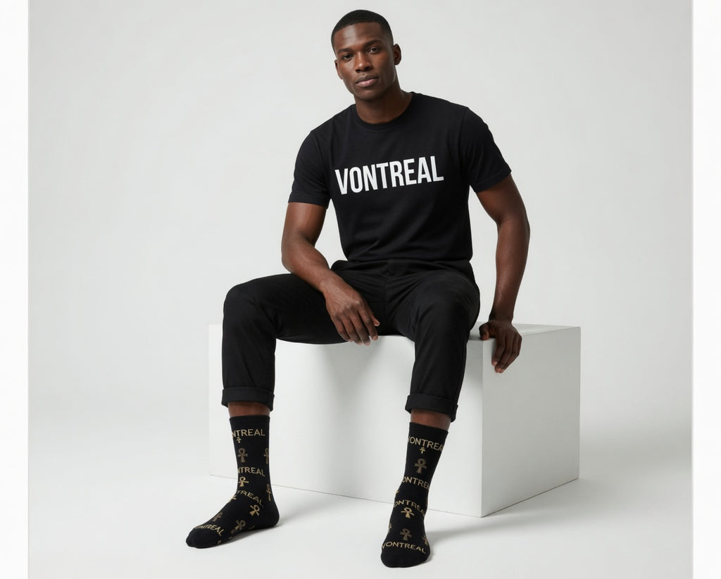 VonTreal Black & Gold Ankh Crew Socks — Padded DTG Logo Socks