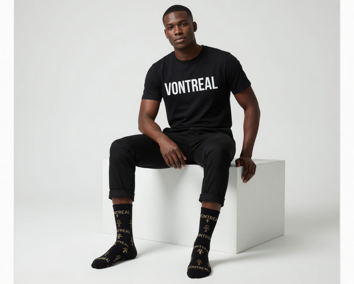 VonTreal Black & Gold Ankh Crew Socks — Padded DTG Logo Socks