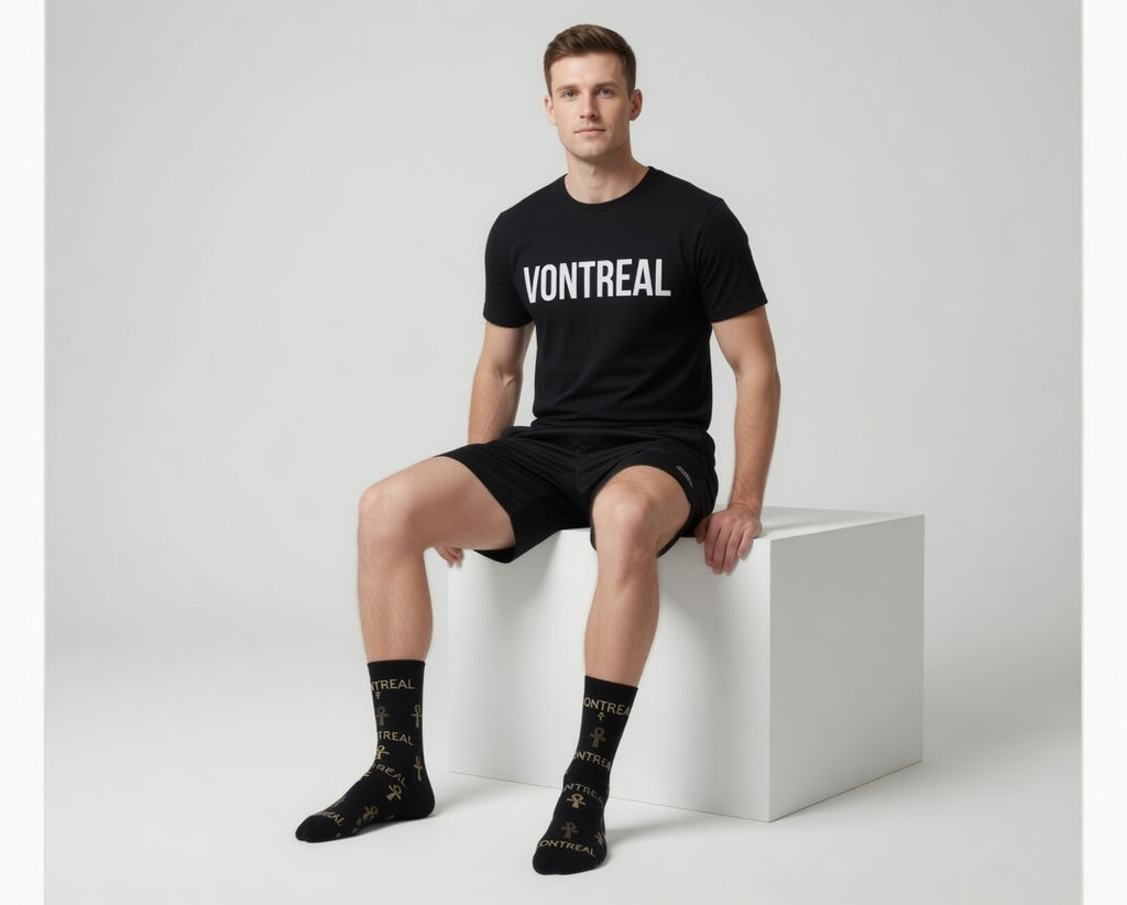 VonTreal Black & Gold Ankh Crew Socks — Padded DTG Logo Socks