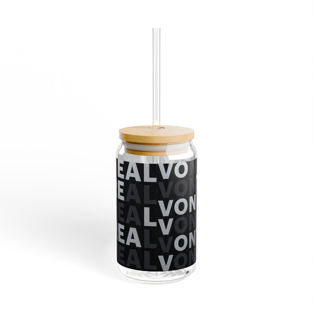16oz Travel Sipper Glass with Repeating "VONTRE" Black Typography Pattern