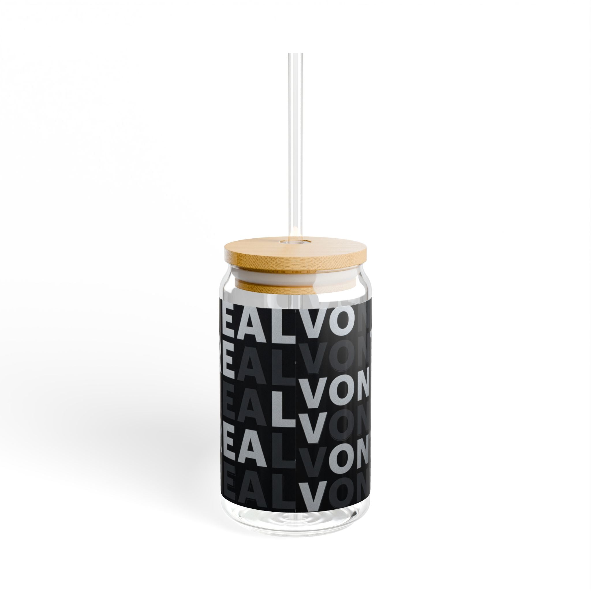 16oz Travel Sipper Glass with Repeating "VONTRE" Black Typography Pattern