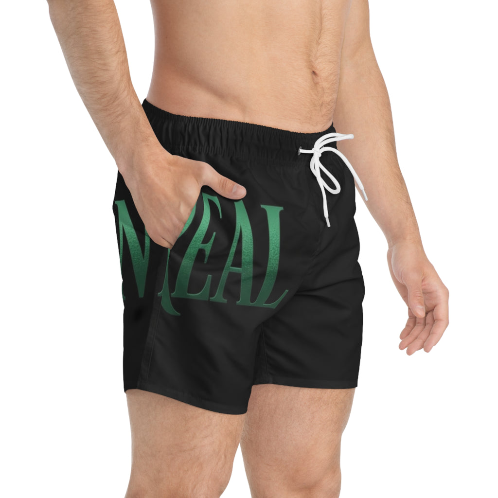 Von Real Black Swim Trunks — Green Gradient Text Beach Shorts