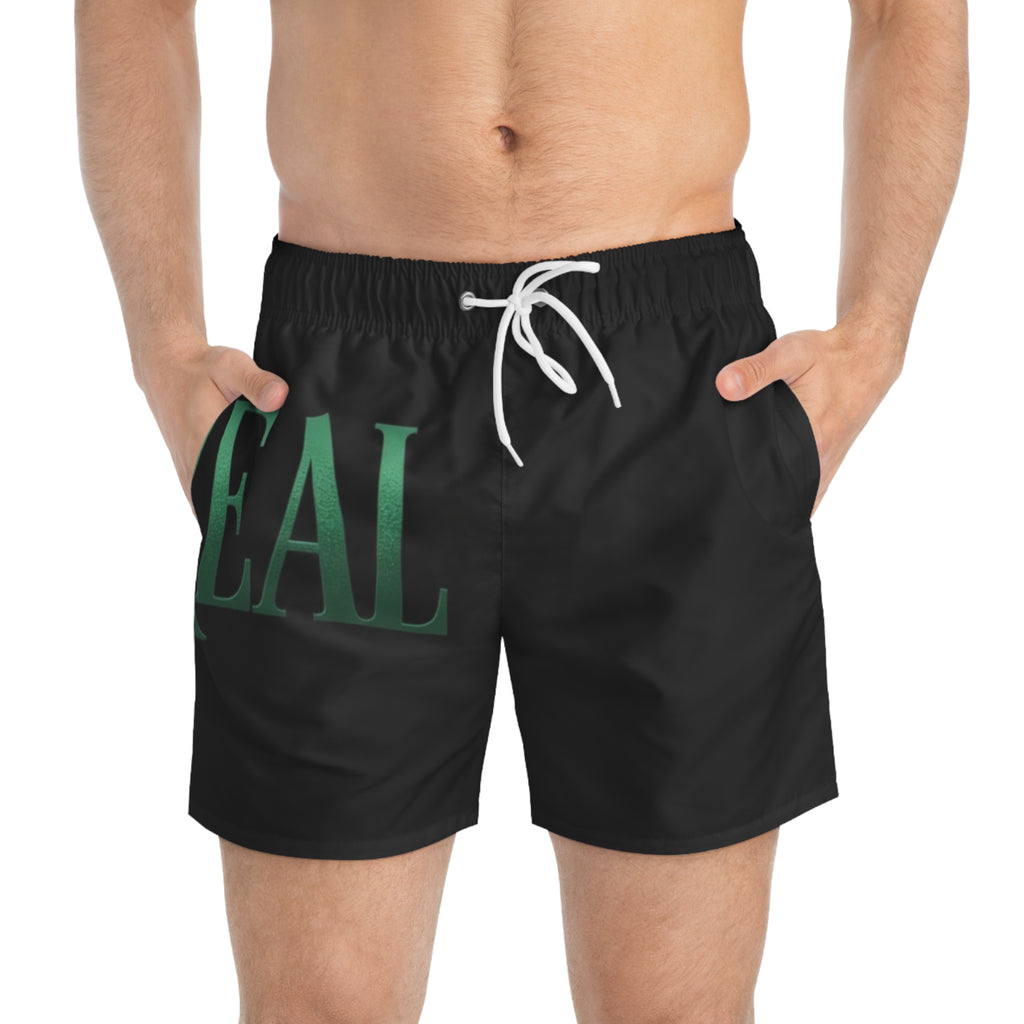 Von Real Black Swim Trunks — Green Gradient Text Beach Shorts
