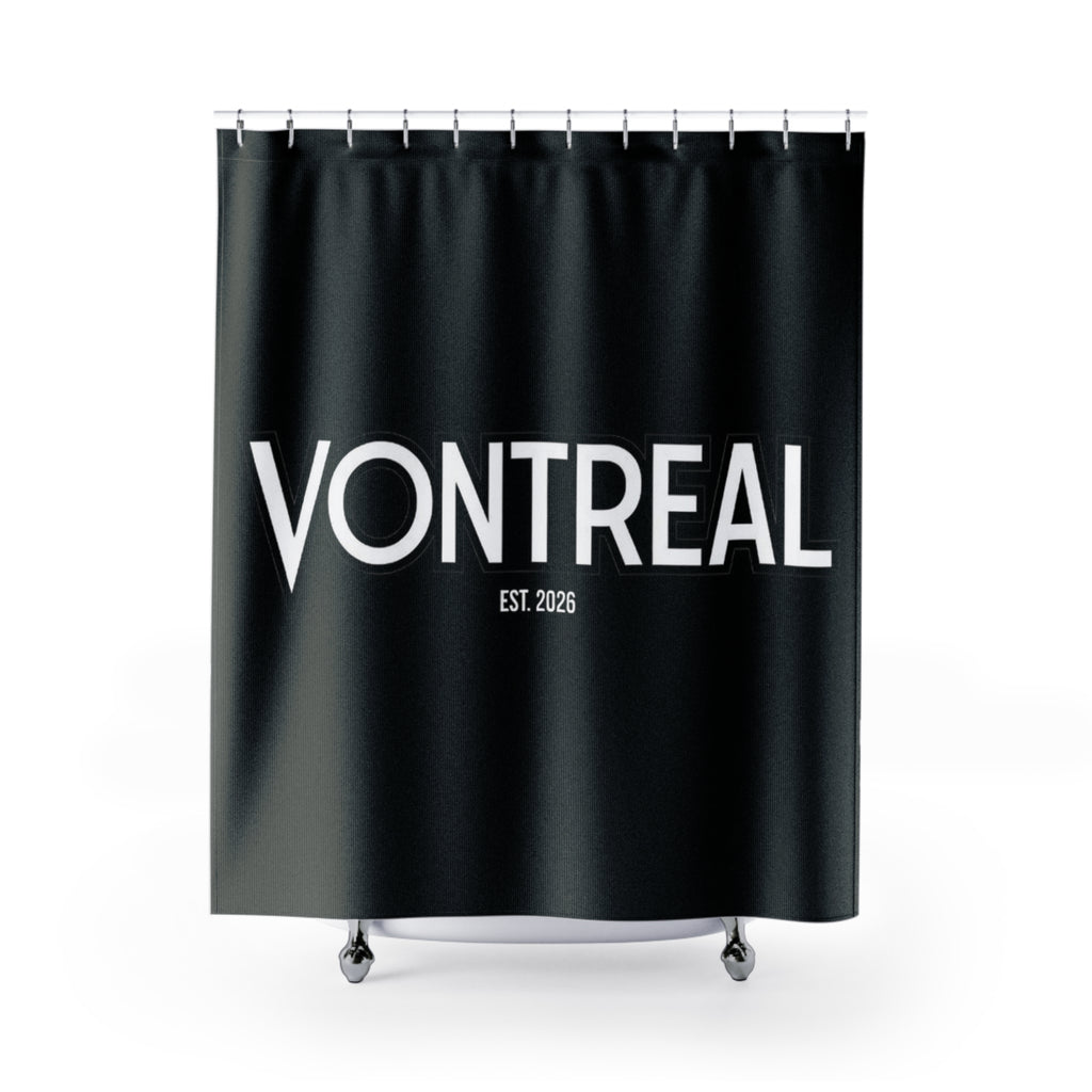 VONTREAL Bold Text Shower Curtain — Black Minimalist Bathroom Decor