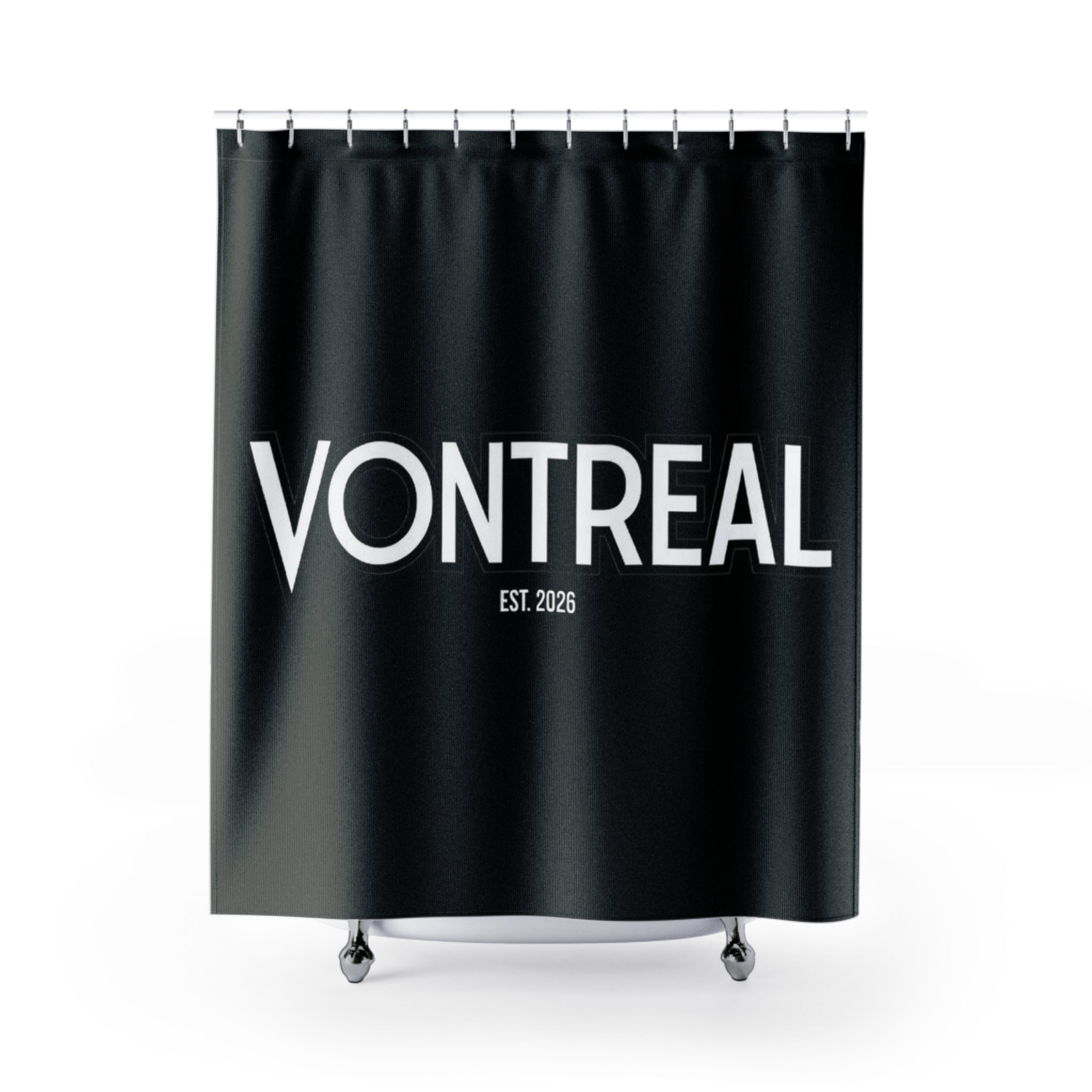 VONTREAL Bold Text Shower Curtain — Black Minimalist Bathroom Decor