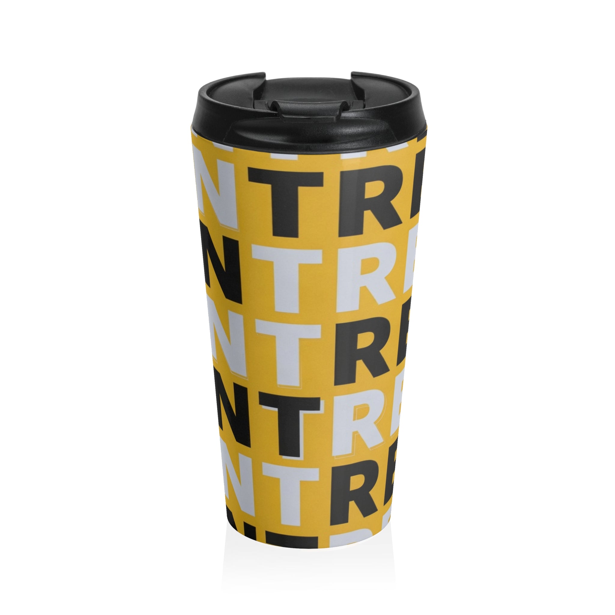 Centro/Alvo Bold Repeat Stainless Steel Travel Mug — Yellow Typographic Tumbler