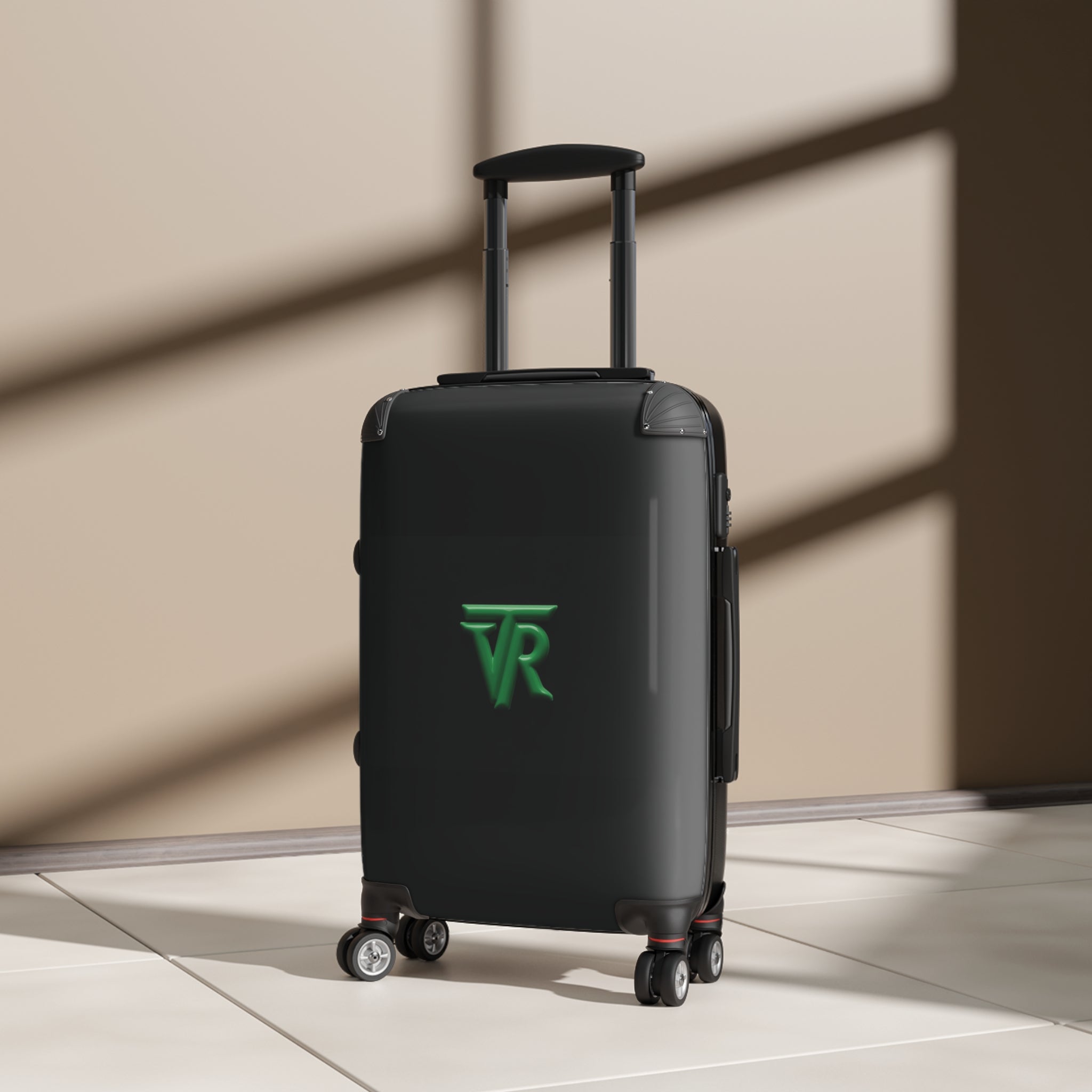 Monogrammed Travel Suitcase – Black Hardshell Carry-On with Green VR Logo