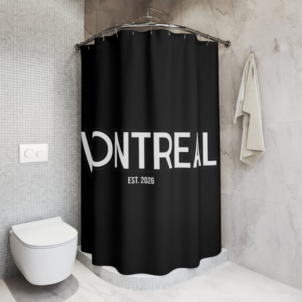 VONTREAL Bold Text Shower Curtain — Black Minimalist Bathroom Decor