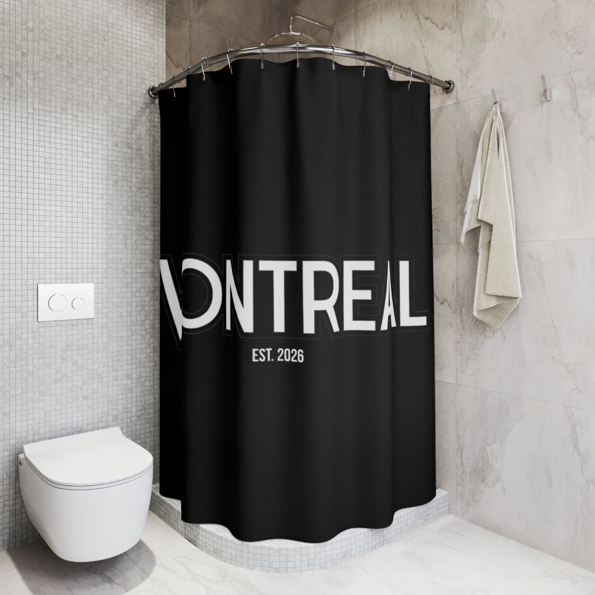 VONTREAL Bold Text Shower Curtain — Black Minimalist Bathroom Decor