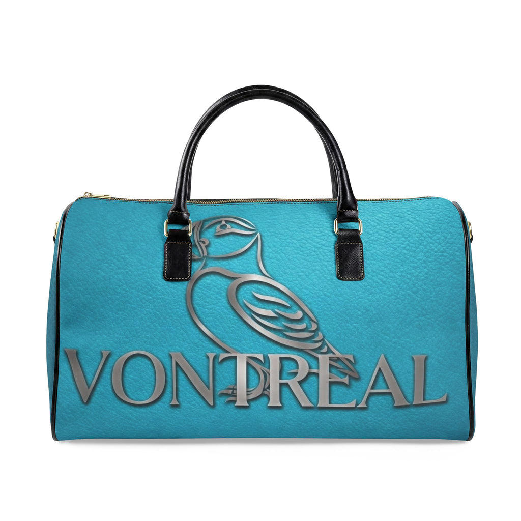 VonTreal Leather Travel Bag — Turquoise Weekender Duffle with Embossed Bird Logo