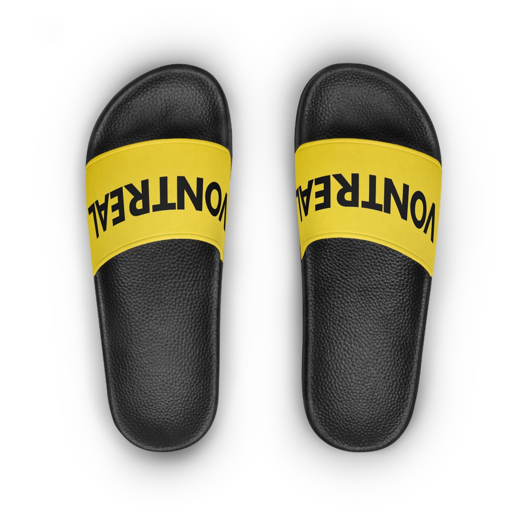Slide Sandals — Bold Yellow "VONTREAL" Strap Casual Pool & Beach Slides