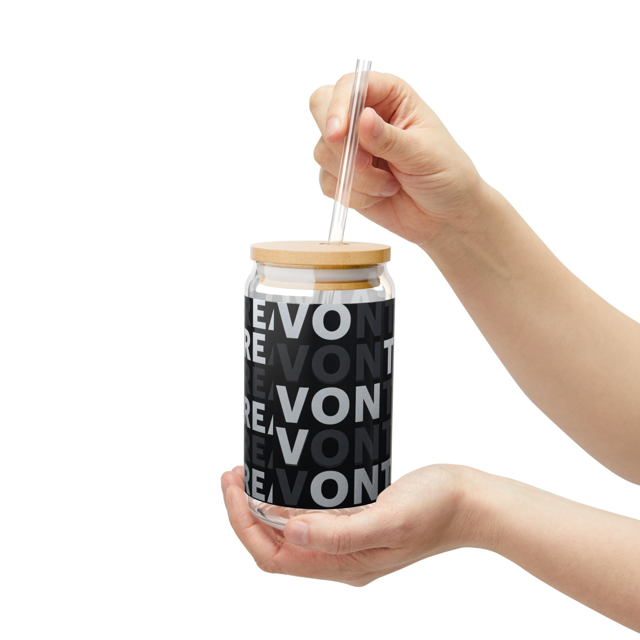 16oz Travel Sipper Glass with Repeating "VONTRE" Black Typography Pattern