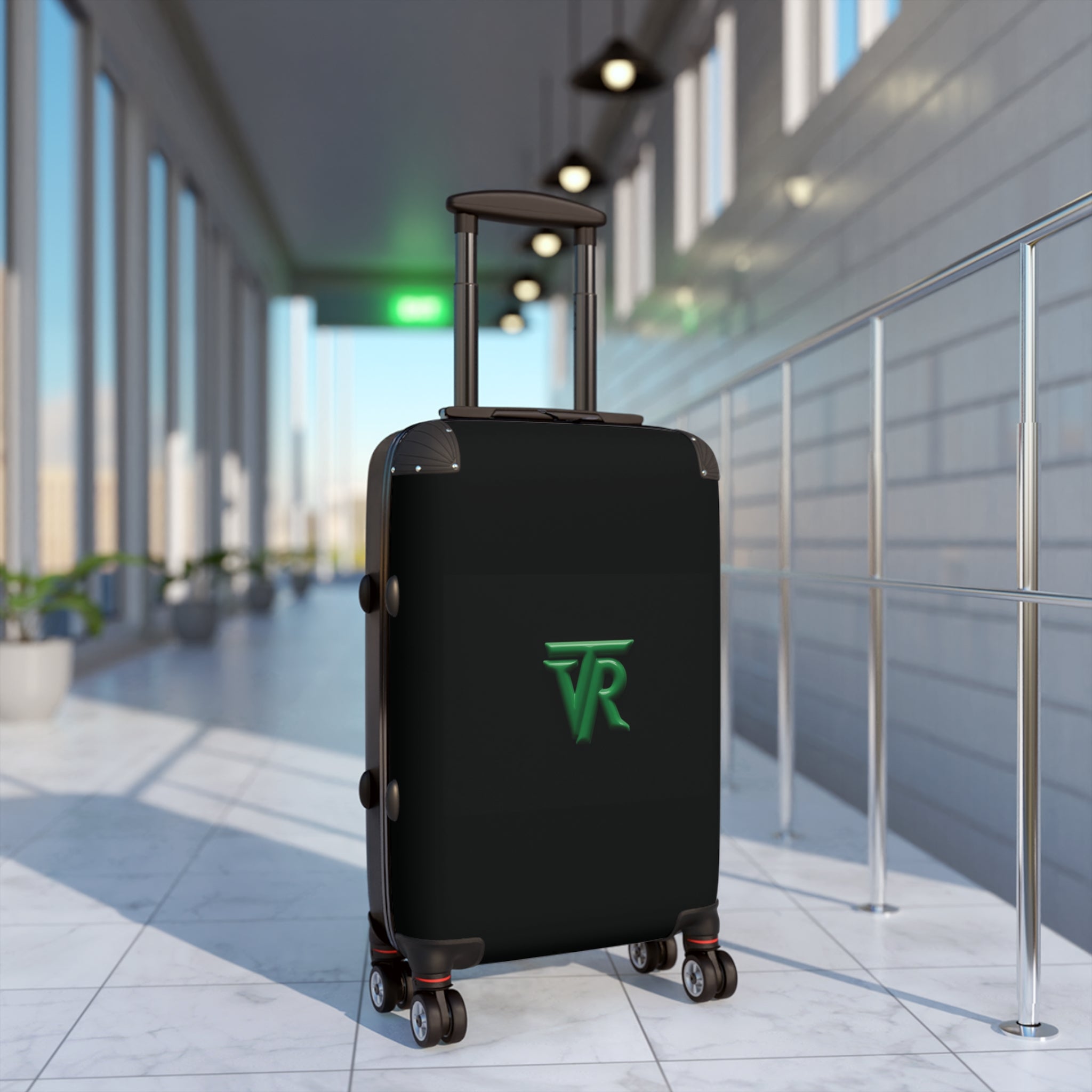 Monogrammed Travel Suitcase – Black Hardshell Carry-On with Green VR Logo