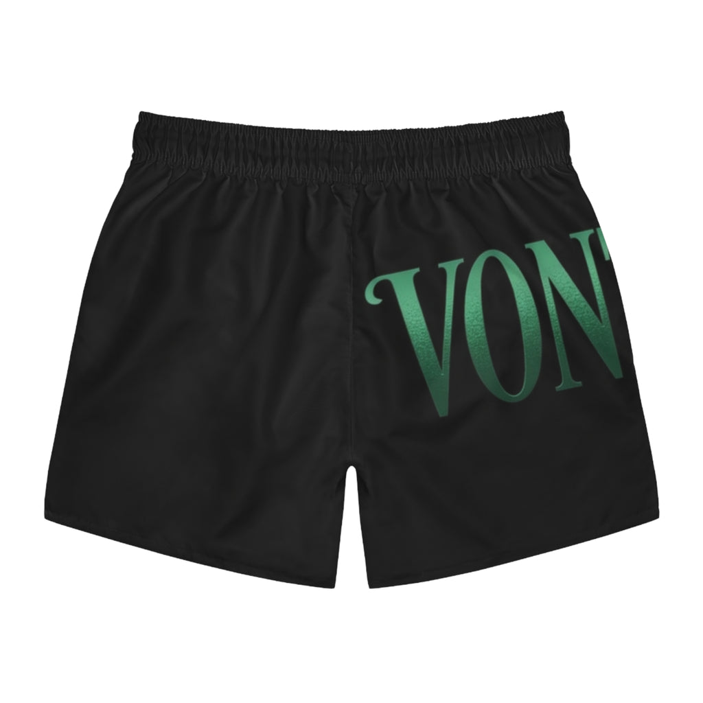 Von Real Black Swim Trunks — Green Gradient Text Beach Shorts