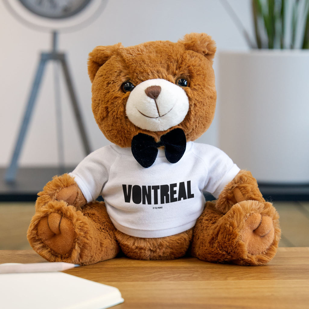 Vontreal Teddy Bear Plush — Brown Bear with White Logo T‑Shirt & Bow