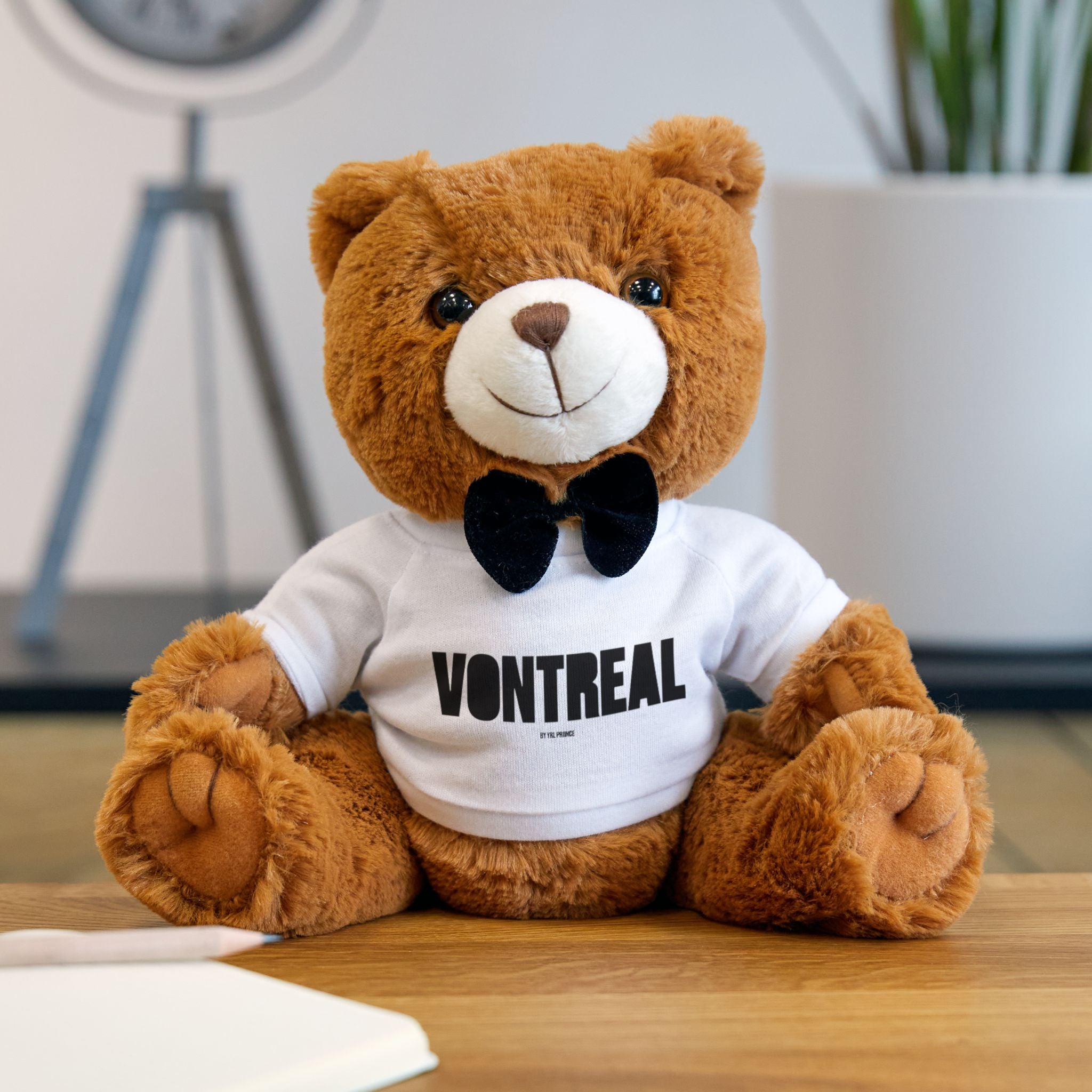 Vontreal Teddy Bear Plush — Brown Bear with White Logo T‑Shirt & Bow