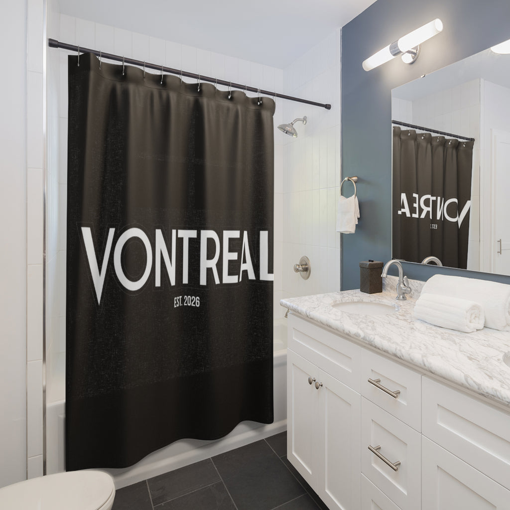 VONTREAL Bold Text Shower Curtain — Black Minimalist Bathroom Decor