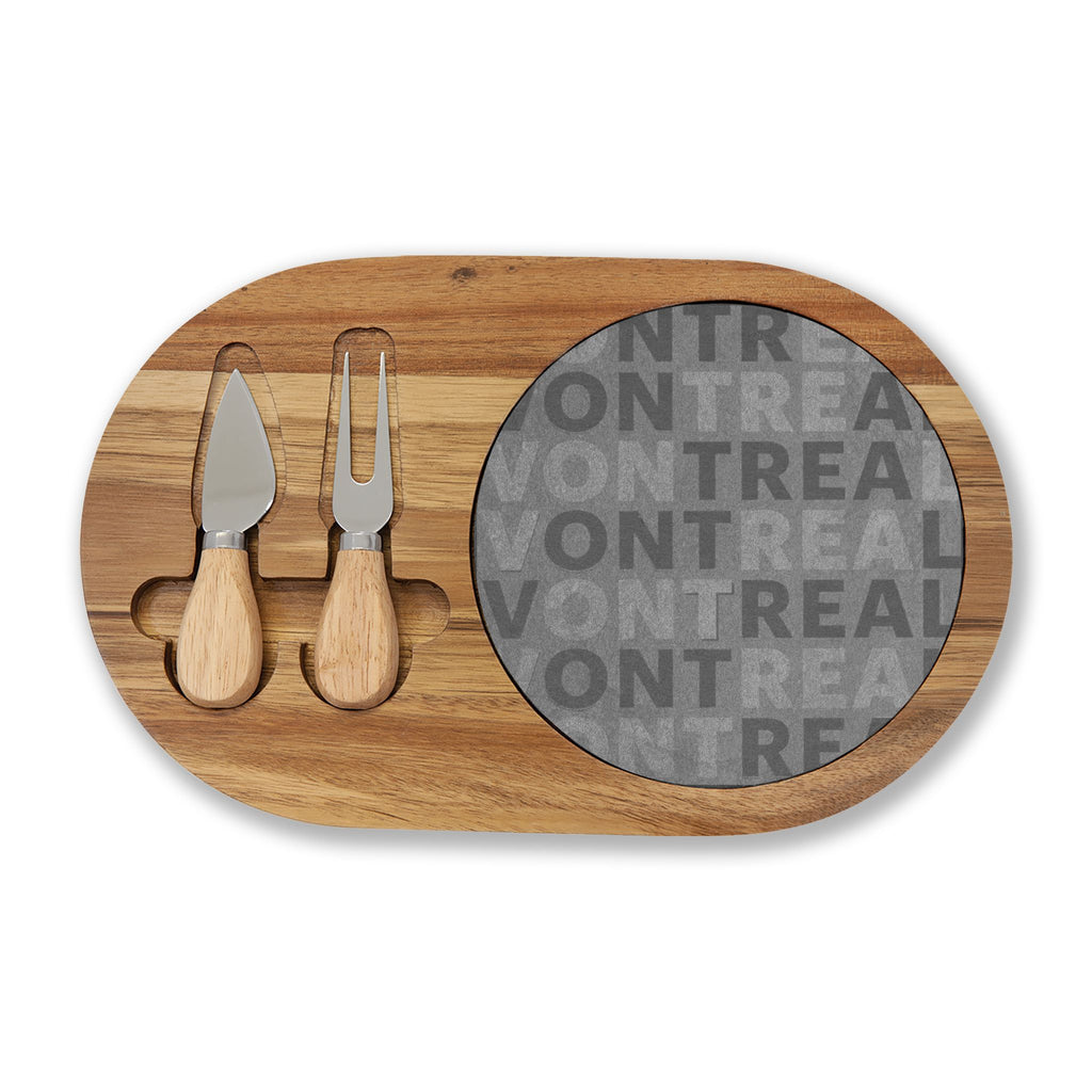 Engraved Acacia Charcuterie Board with Slate Inlay & Cheese Tools