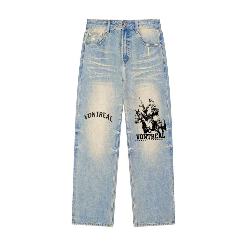 Sun Fade Raw Hem Denim Jeans