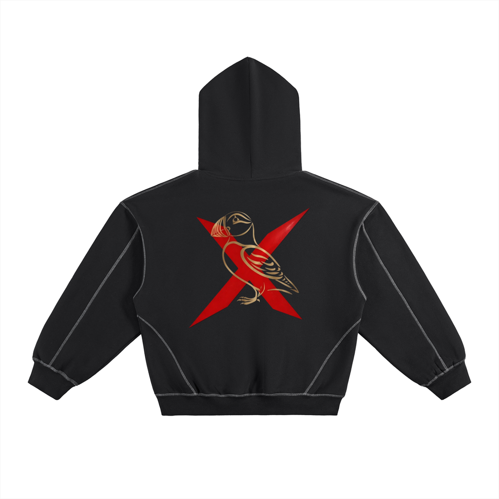 Contrast-Stitched Boxy Fleece Hoodie