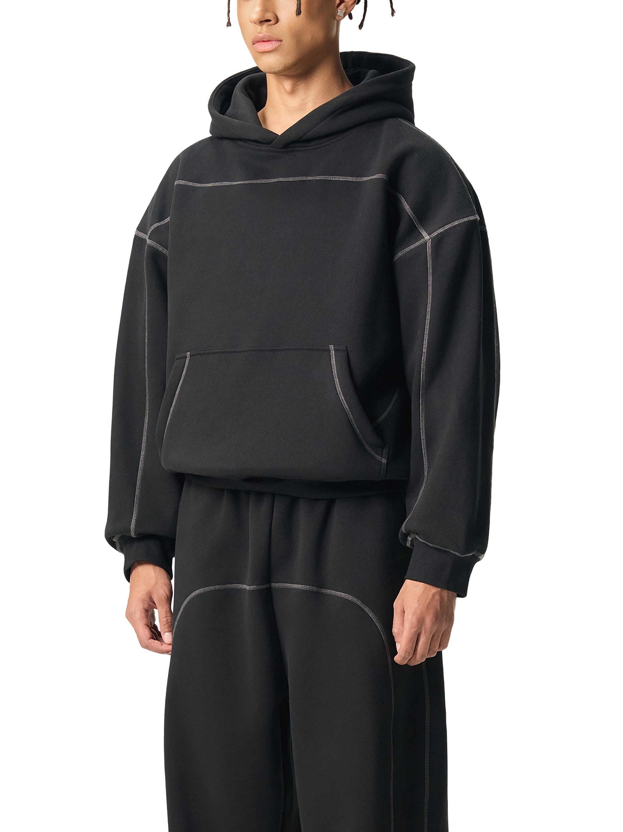 Contrast-Stitched Boxy Fleece Hoodie