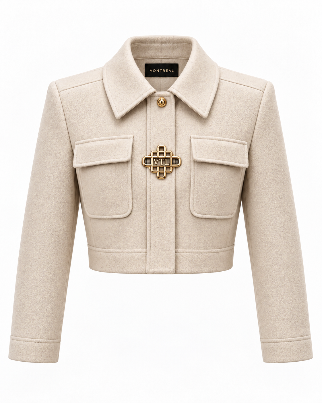 Cream Vontreal cropped jacket with gold VTL crest clasp