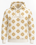 Ivory Vontreal hooded jacket with repeating gold VTL monogram and VONTREAL chest branding