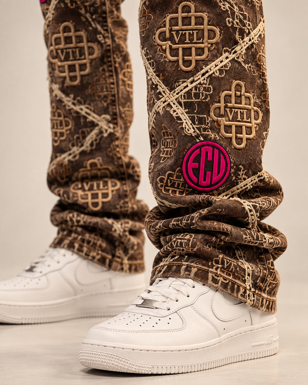 Vontreal x ECUstudios Monogram Denim Jeans leg and ECU patch detail