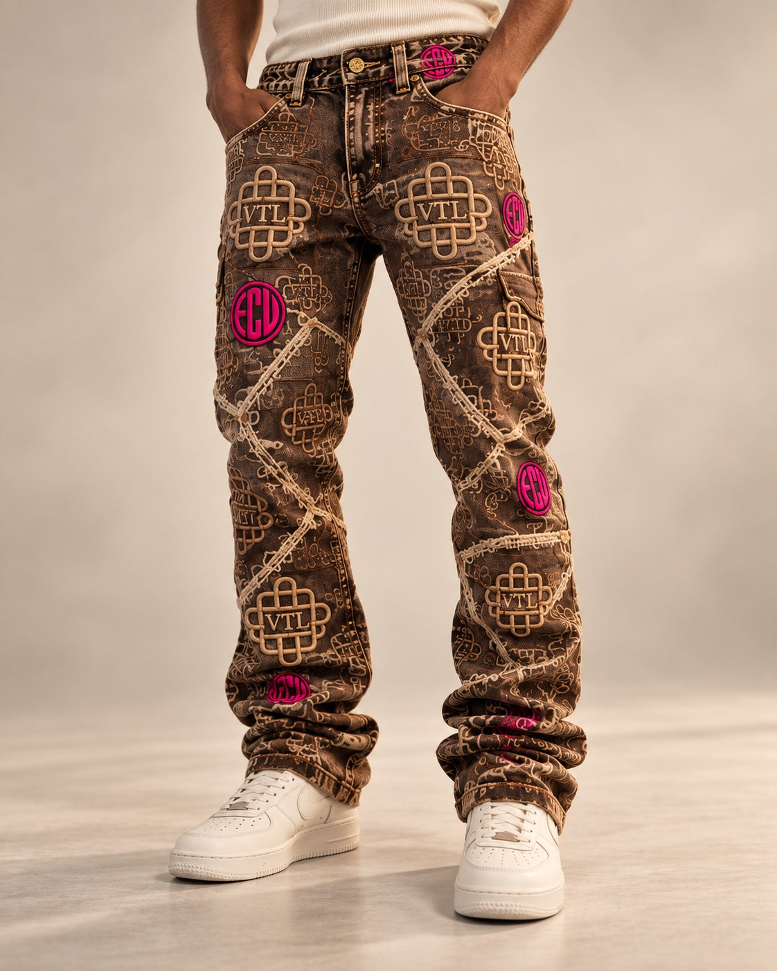 Model wearing Vontreal x ECUstudios Monogram Denim Jeans