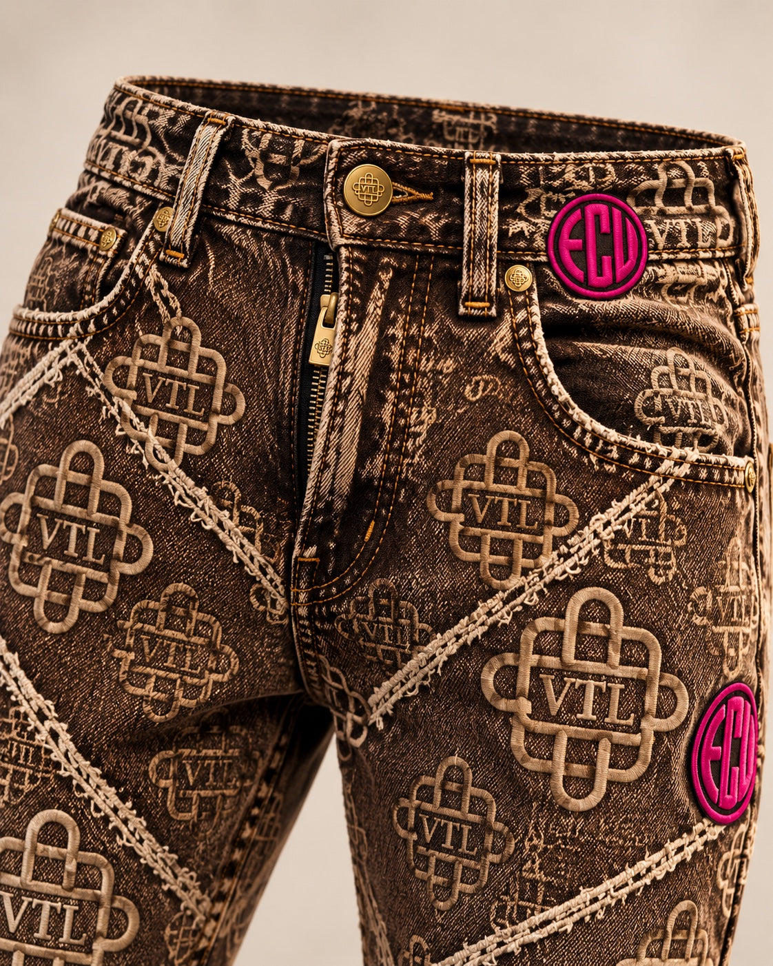 Vontreal x ECUstudios Monogram Denim Jeans waist and hardware detail