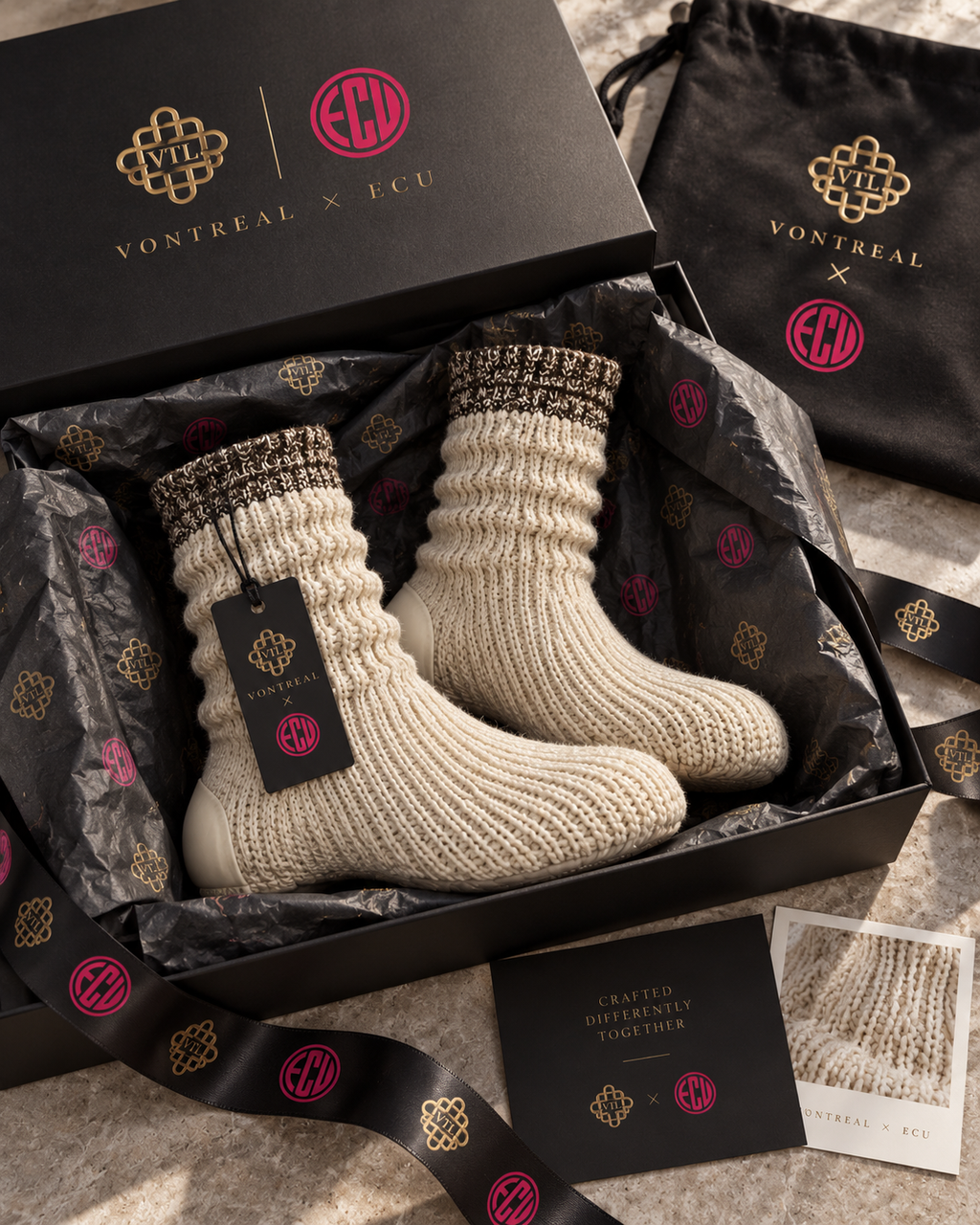 Vontreal x ECUstudios Monkey Knit Platform Boots packaging